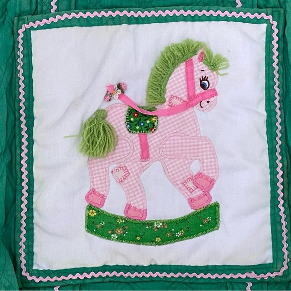Vintage 80’s Children’s Green Quilted Book Bag With Rocking Horse - Picture 2 of 6